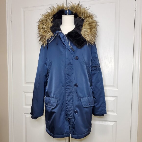 GAP Women’s Hooded Parka Faux Fur Trim Navy Blue Size M - Picture 1 of 10